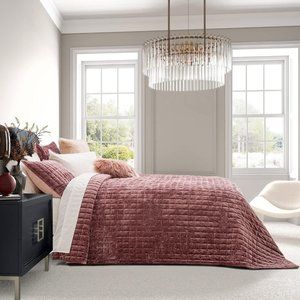 Pink Rosy Mauve Twin Size Bed Soft Quilted Squares Velvet Bedding Set Quilt Sham